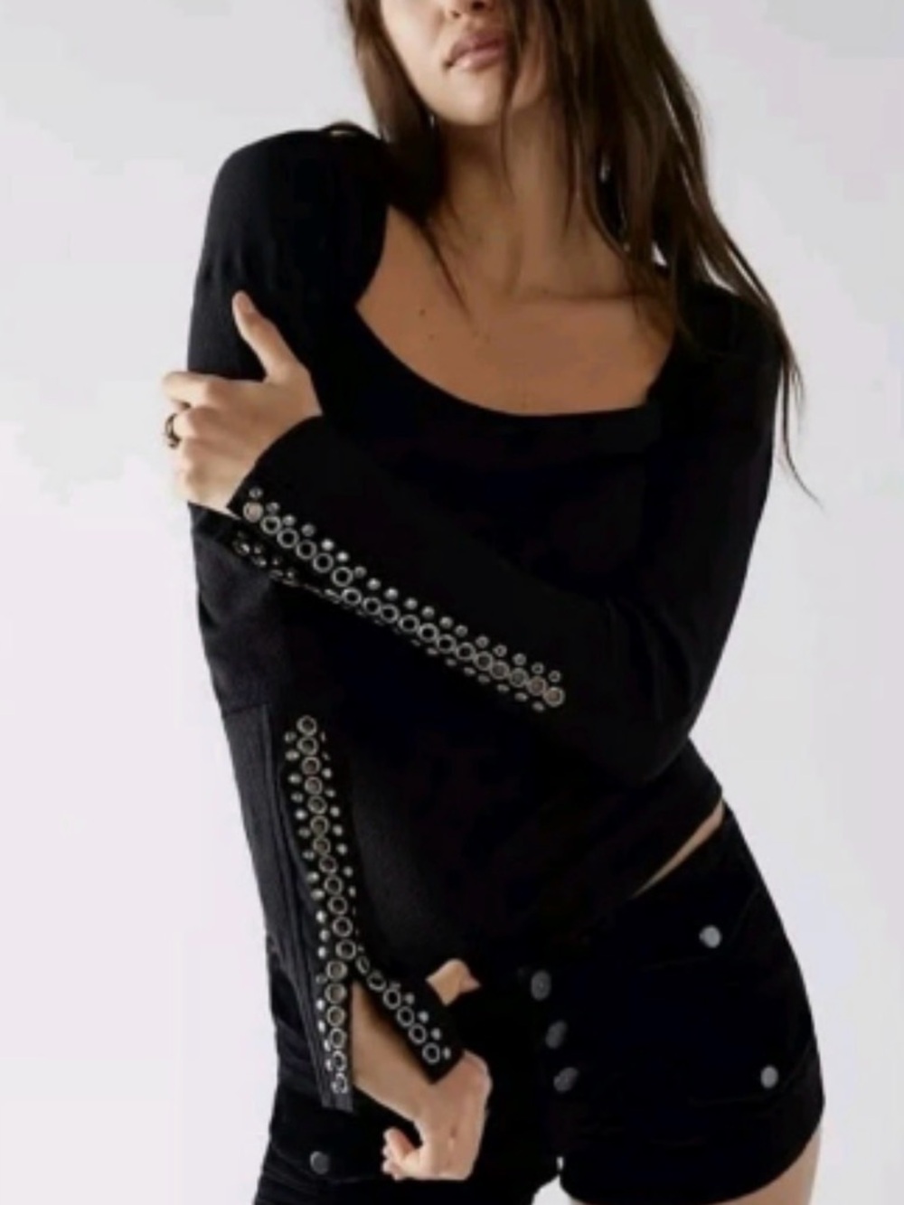 Free People A Little Unruly Black Square Neck with Embellished Sleeves New